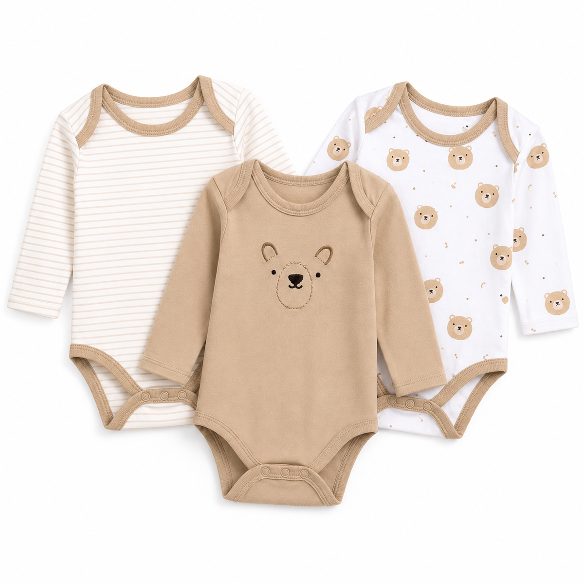 Full-Sleeve Cotton Baby Bodysuits 3-Pack – Brown Bear
