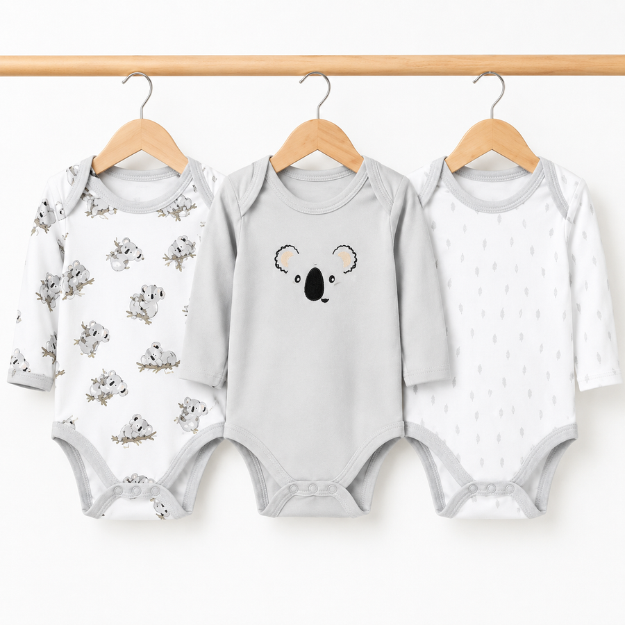 Full-Sleeve Cotton Baby Bodysuits 3-Pack – Grey Bear