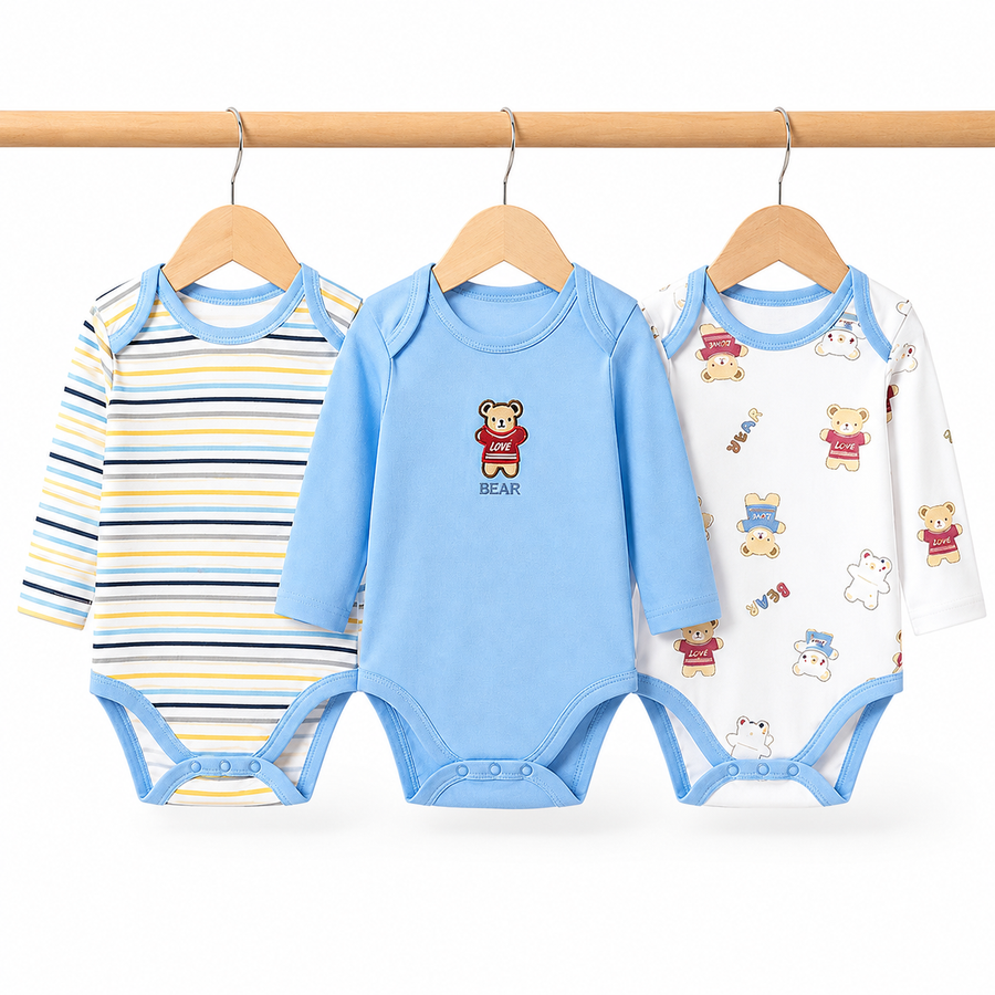 Full-Sleeve Cotton Baby Bodysuits 3-Pack – Light Blue Bear