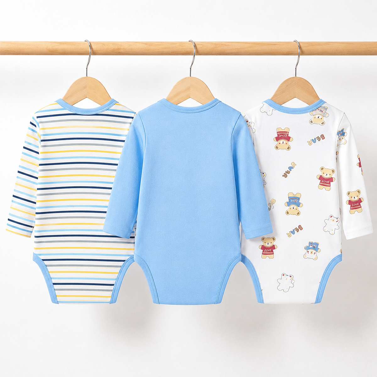 Full-Sleeve Cotton Baby Bodysuits 3-Pack – Light Blue Bear