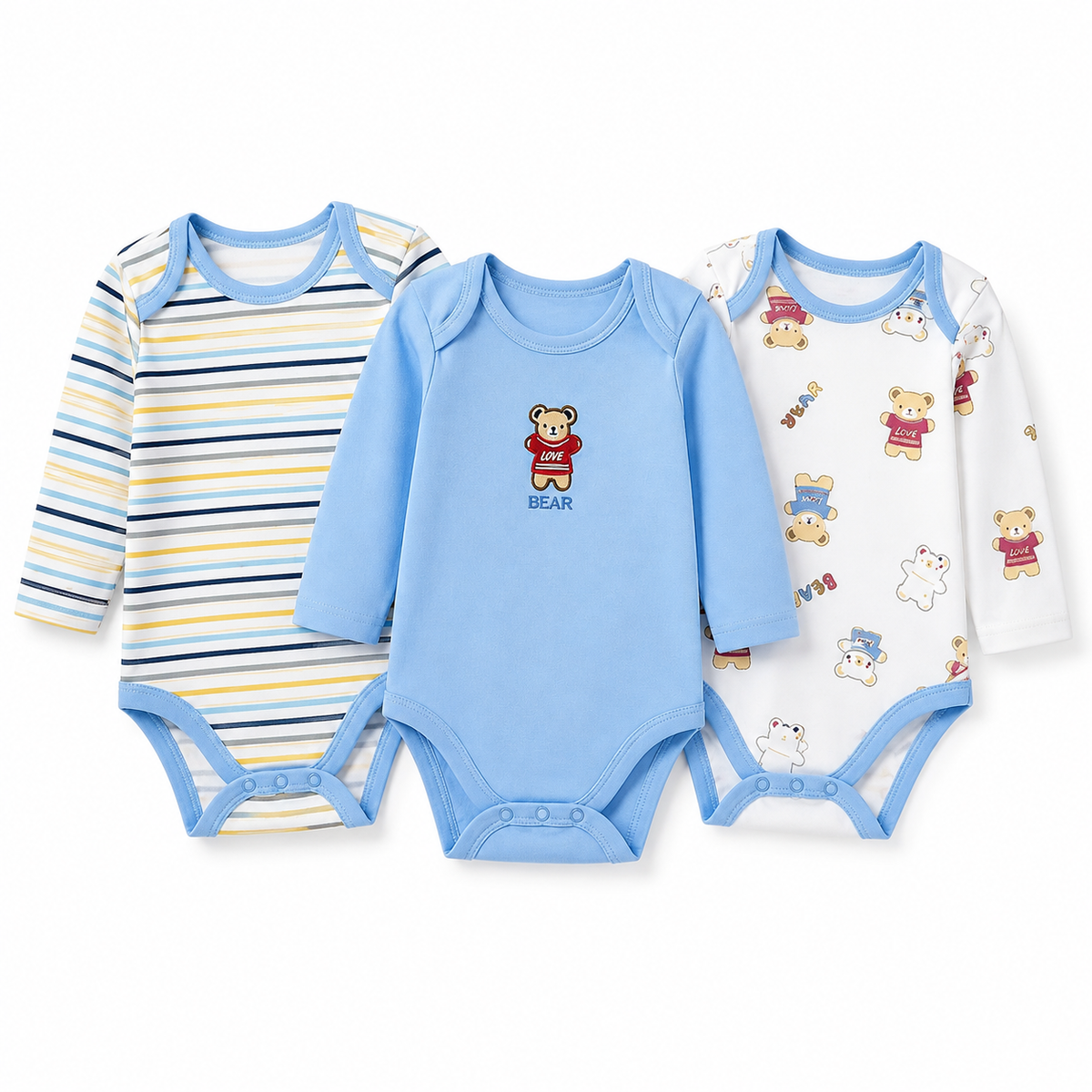 Full-Sleeve Cotton Baby Bodysuits 3-Pack – Light Blue Bear