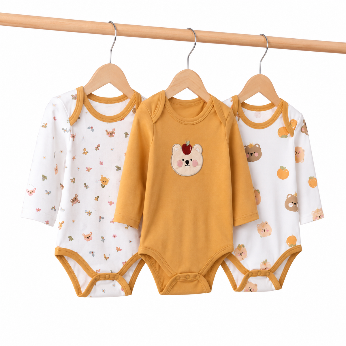 Full-Sleeve Cotton Baby Bodysuits 3-Pack – Mustard Bear