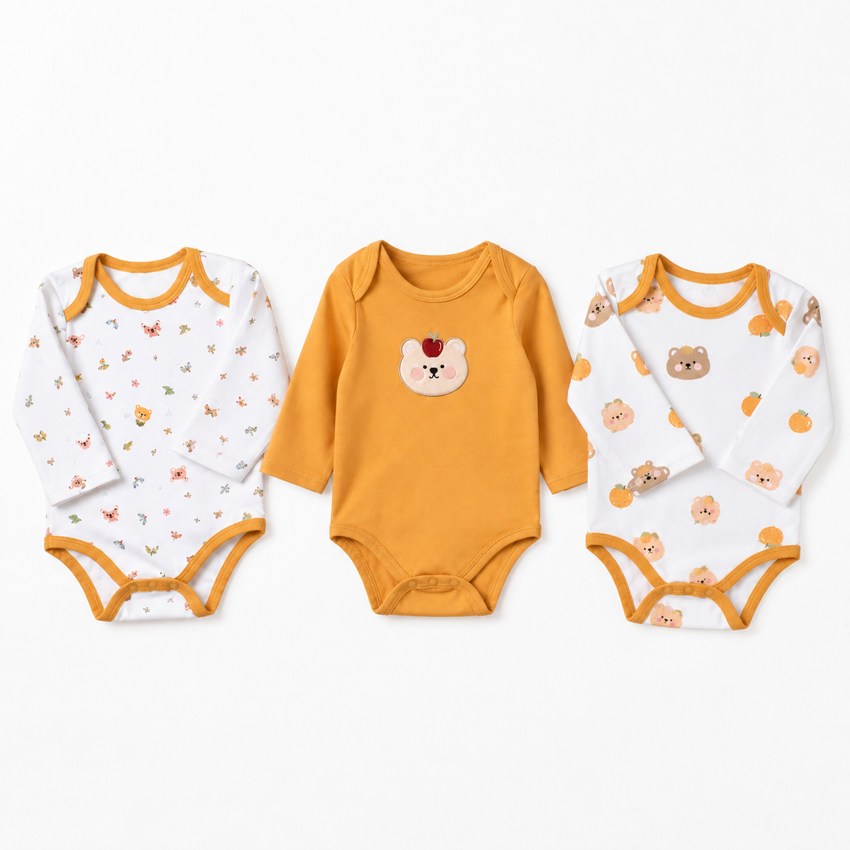 Full-Sleeve Cotton Baby Bodysuits 3-Pack – Mustard Bear