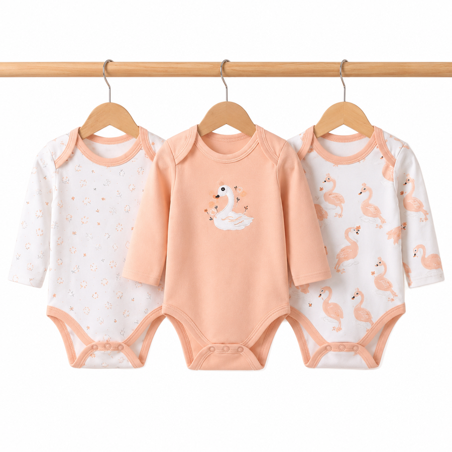 Full-Sleeve Cotton Baby Bodysuits 3-Pack – Peach Duck