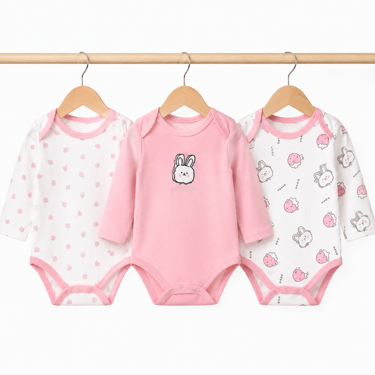 Full-Sleeve Cotton Baby Bodysuits 3-Pack – Pink Rabbit