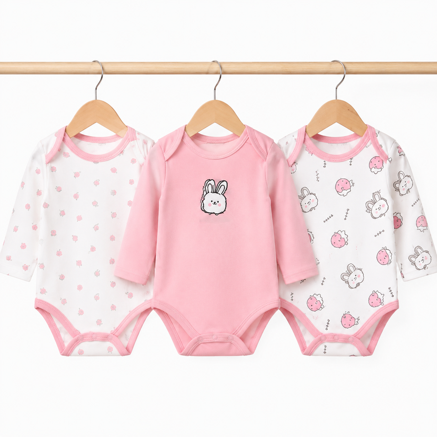 Full-Sleeve Cotton Baby Bodysuits 3-Pack – Pink Rabbit