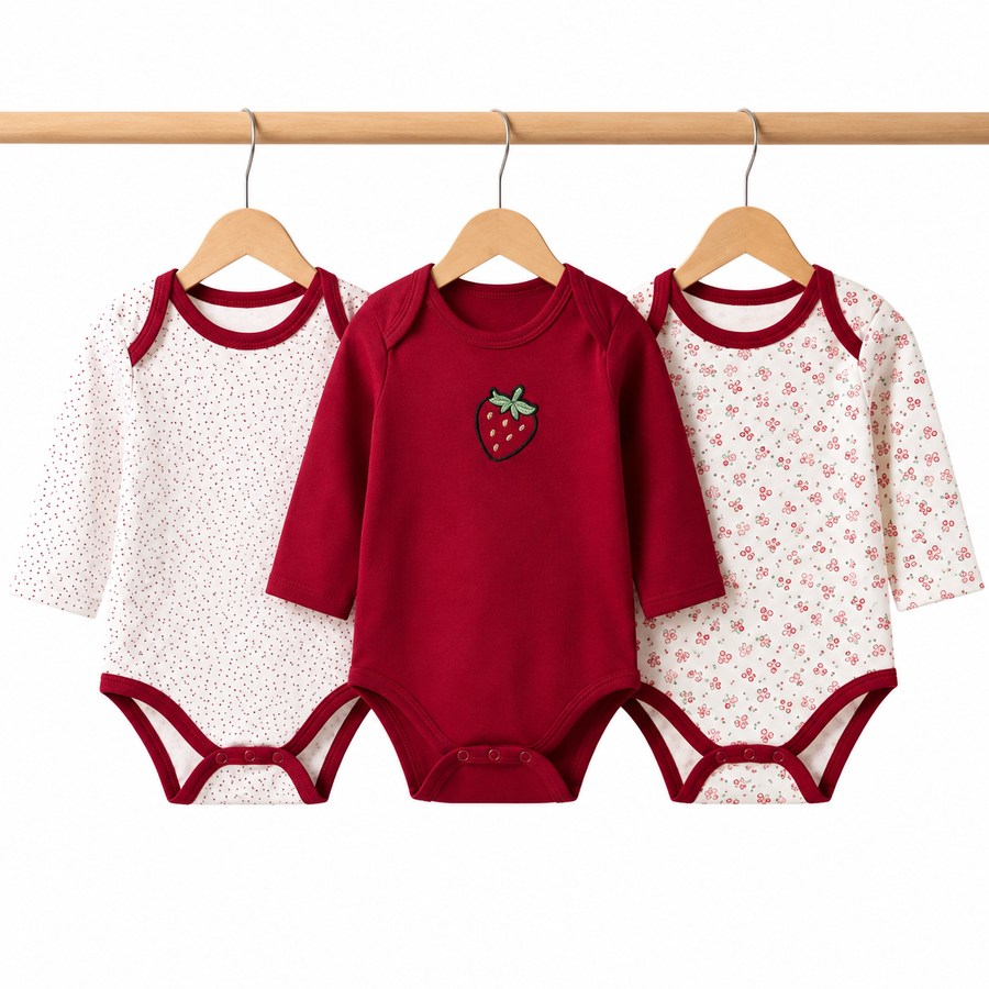 Full-Sleeve Cotton Baby Bodysuits 3-Pack – Red Strawberry