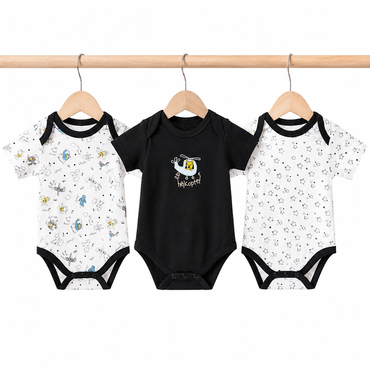 Half-Sleeve Cotton Baby Bodysuits 3-Pack – Black Helicopter