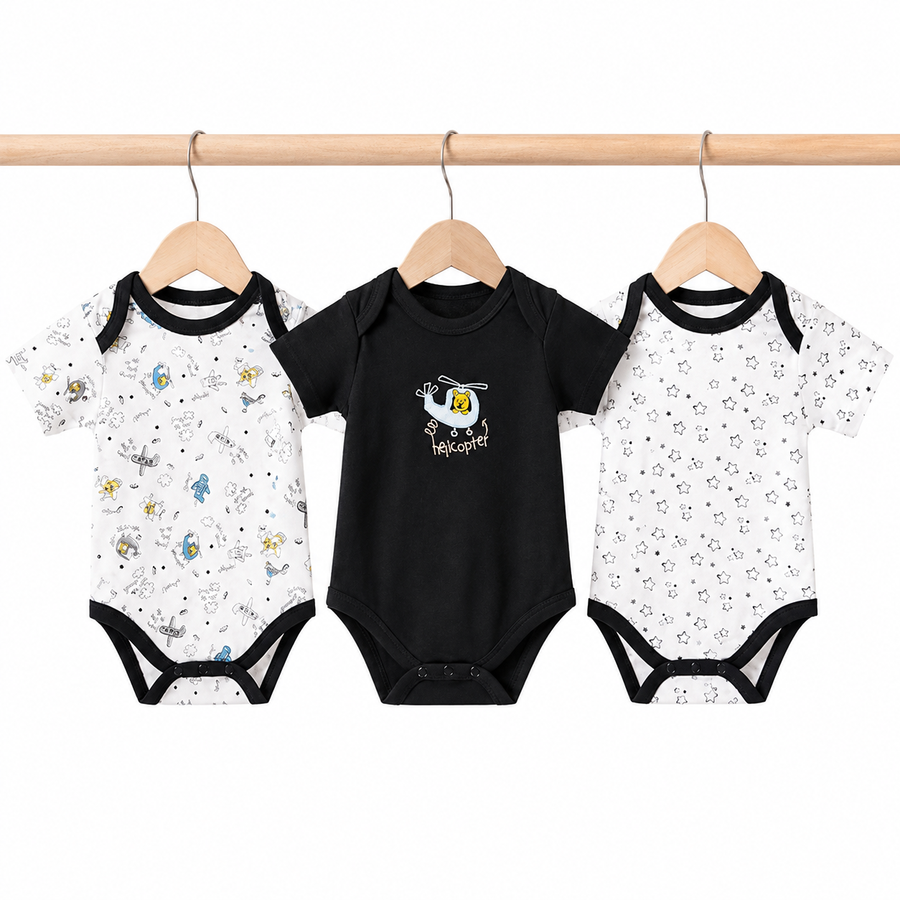 Half-Sleeve Cotton Baby Bodysuits 3-Pack – Black Helicopter