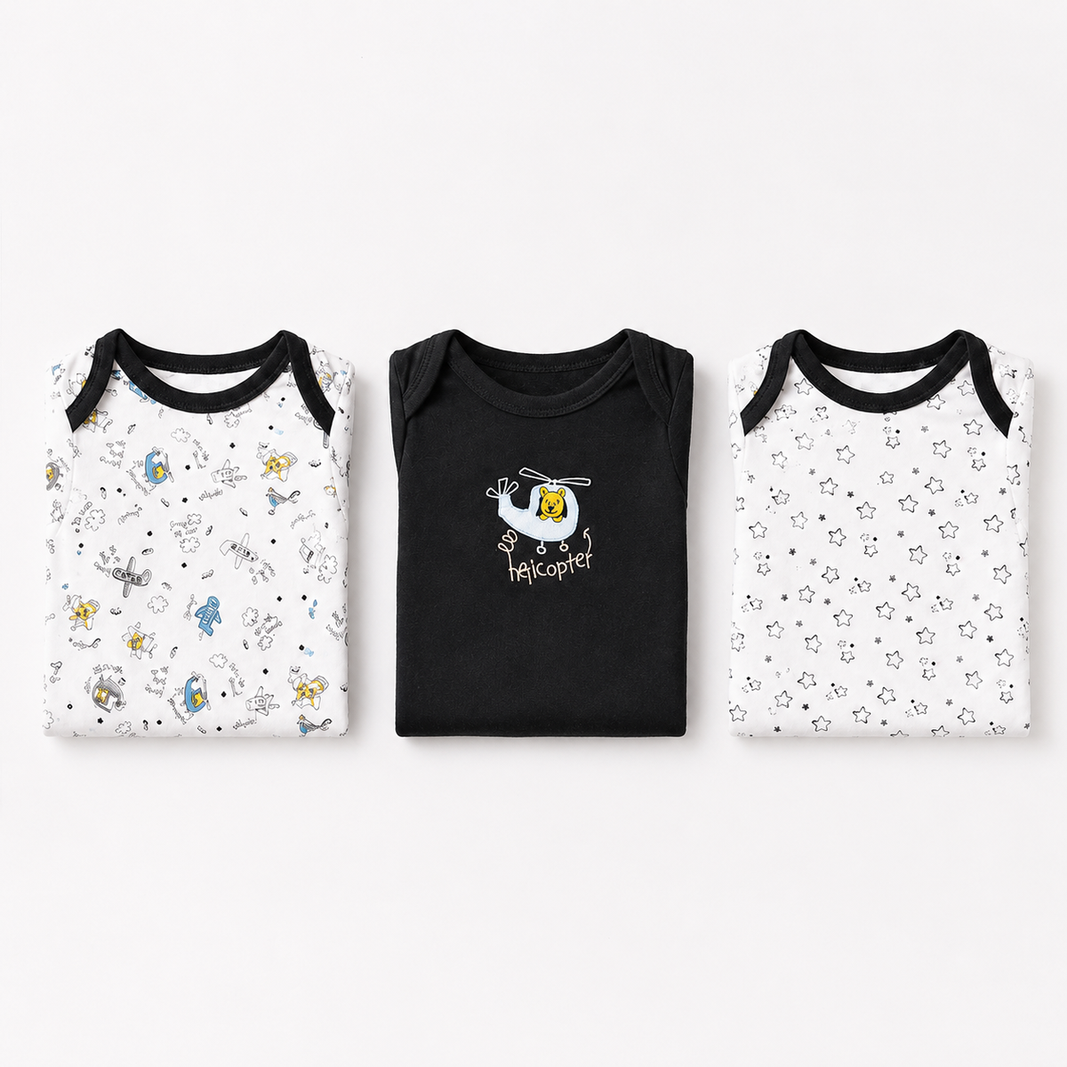Half-Sleeve Cotton Baby Bodysuits 3-Pack – Black Helicopter