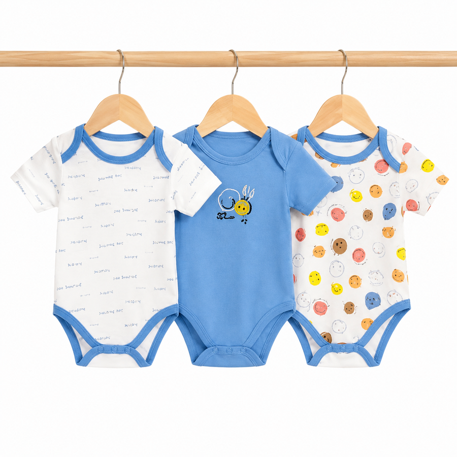 Half-Sleeve Cotton Baby Bodysuits 3-Pack – Blue Smile