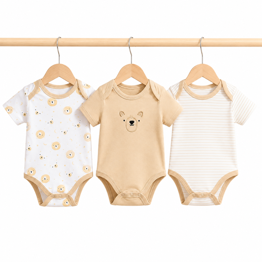 Half-Sleeve Cotton Baby Bodysuits 3-Pack – Brown Bear