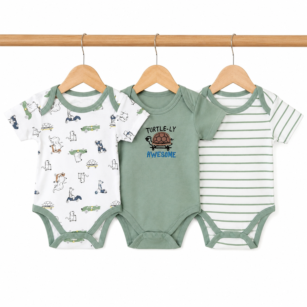 Half-Sleeve Cotton Baby Bodysuits 3-Pack – Green Turtle