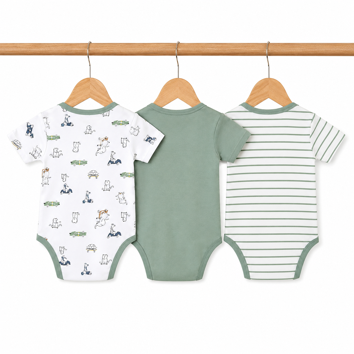 Half-Sleeve Cotton Baby Bodysuits 3-Pack – Green Turtle