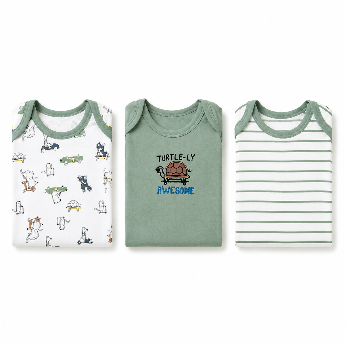 Half-Sleeve Cotton Baby Bodysuits 3-Pack – Green Turtle