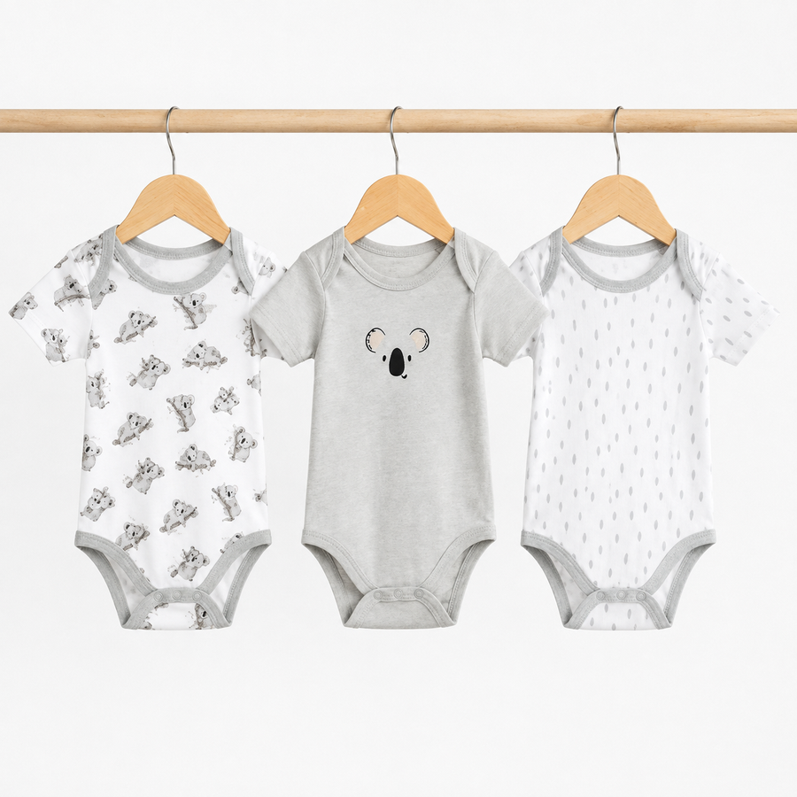 Half-Sleeve Cotton Baby Bodysuits 3-Pack – Grey Bear