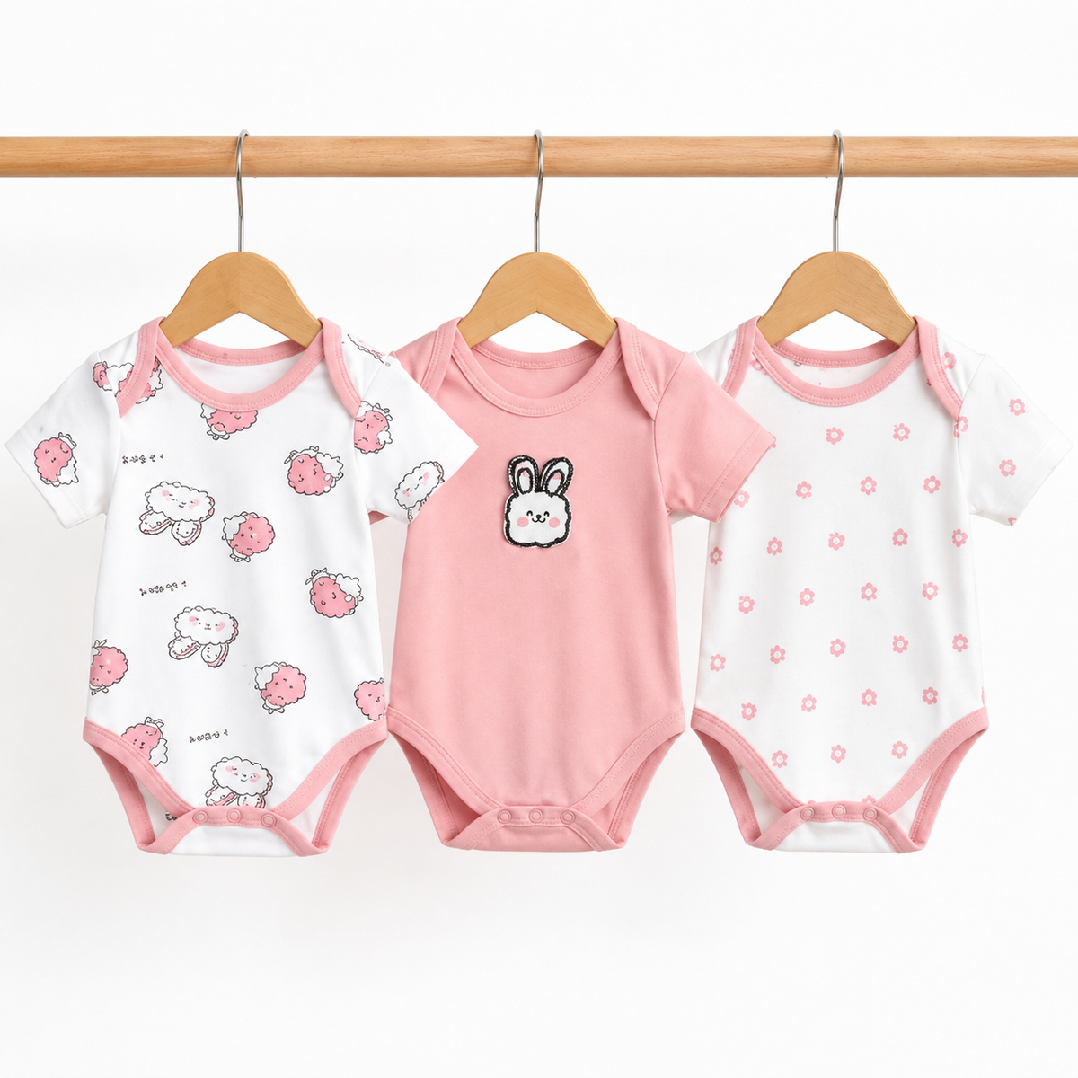 Half-Sleeve Cotton Baby Bodysuits 3-Pack – Pink Rabbit