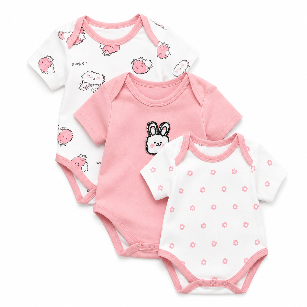 Half-Sleeve Cotton Baby Bodysuits 3-Pack – Pink Rabbit