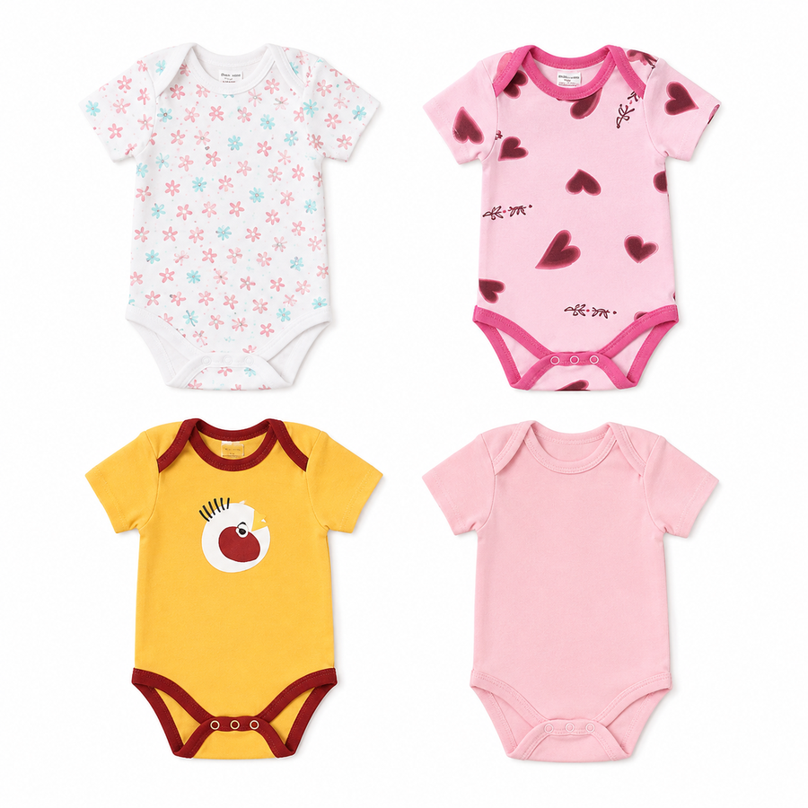 Unisex Baby Bodysuits 4-Pack – Apple & Mixed Prints, 3–6M
