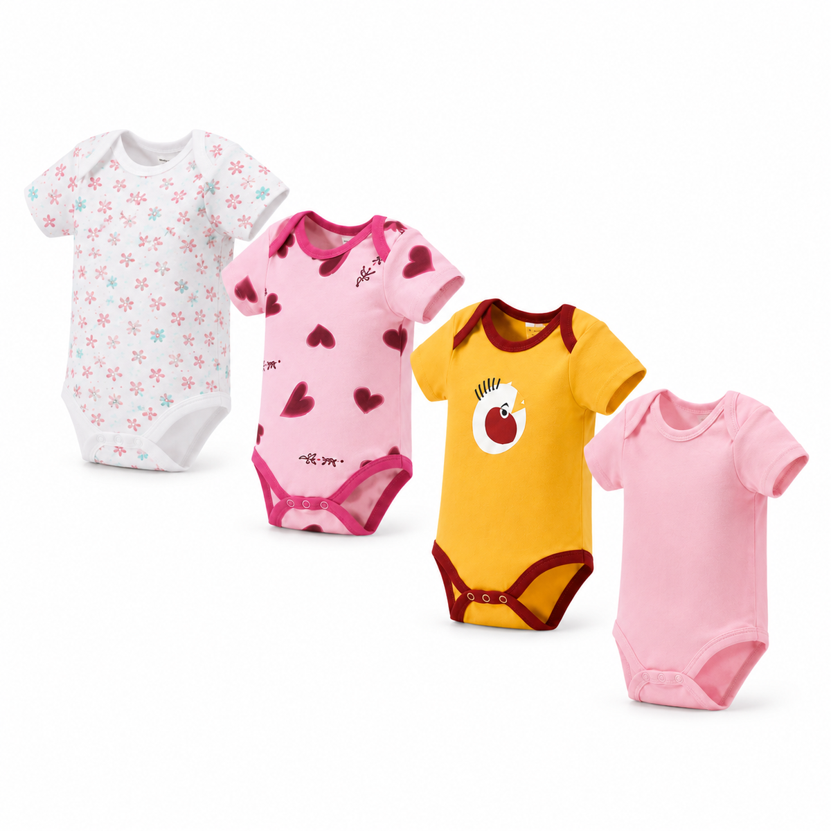 Unisex Baby Bodysuits 4-Pack – Apple & Mixed Prints, 3–6M
