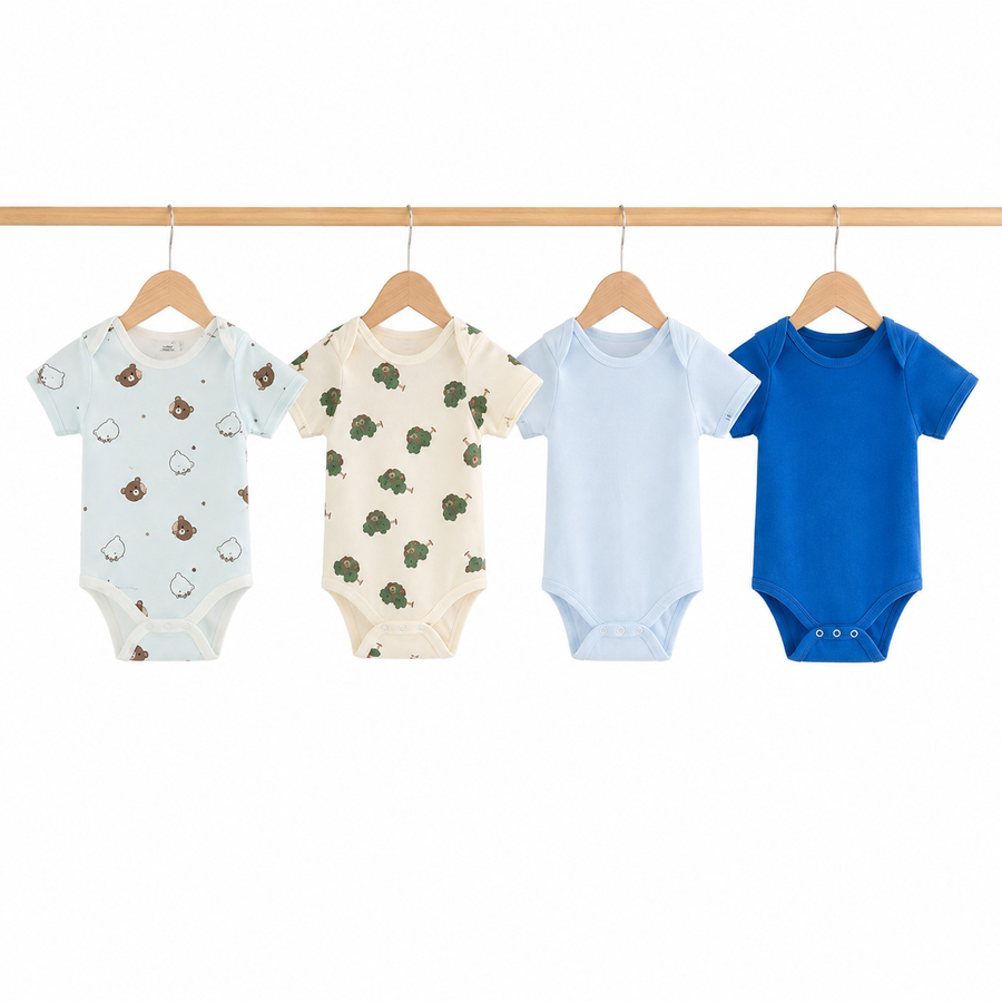 Unisex Baby Bodysuits 4-Pack – Bear & Mixed Prints, 6–9M