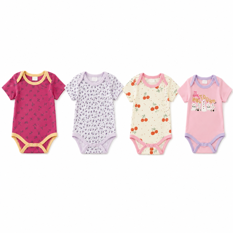 Unisex Baby Bodysuits 4-Pack – Cherry & Mixed Prints, 0–3M