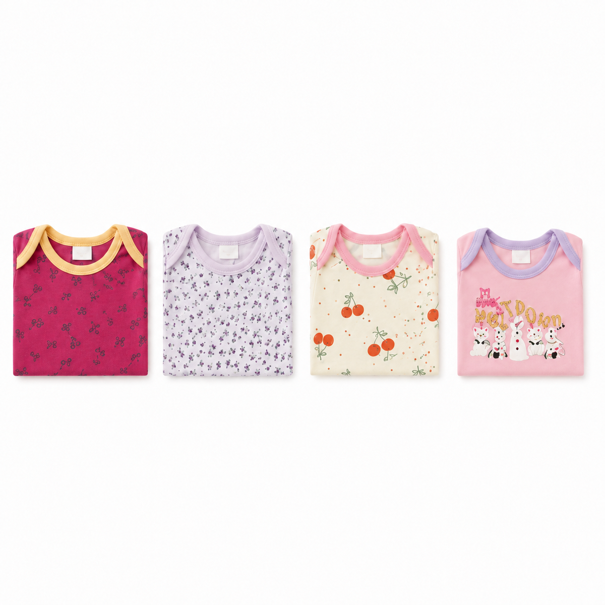 Unisex Baby Bodysuits 4-Pack – Cherry & Mixed Prints, 0–3M
