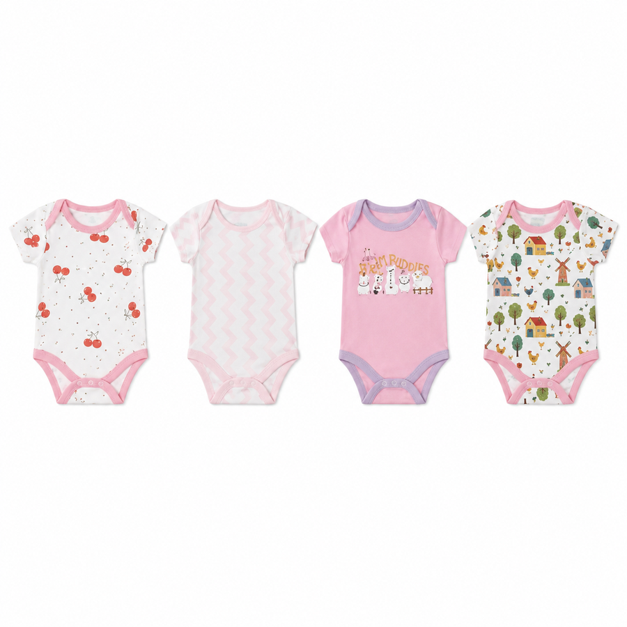 Unisex Baby Bodysuits 4-Pack – Chicken & Mixed Prints, 0–3M