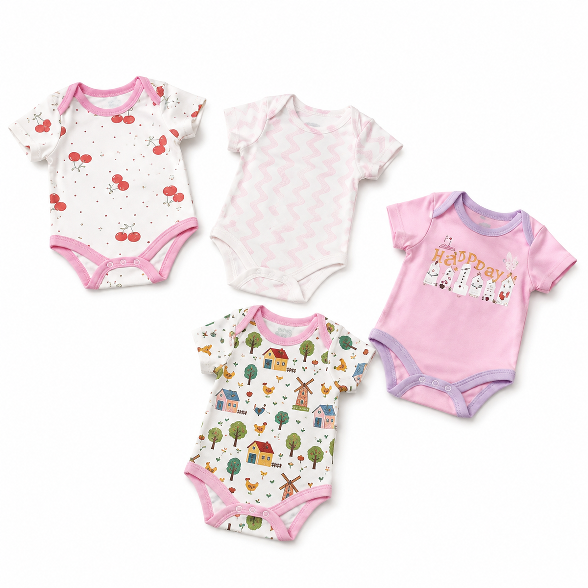 Unisex Baby Bodysuits 4-Pack – Chicken & Mixed Prints, 0–3M