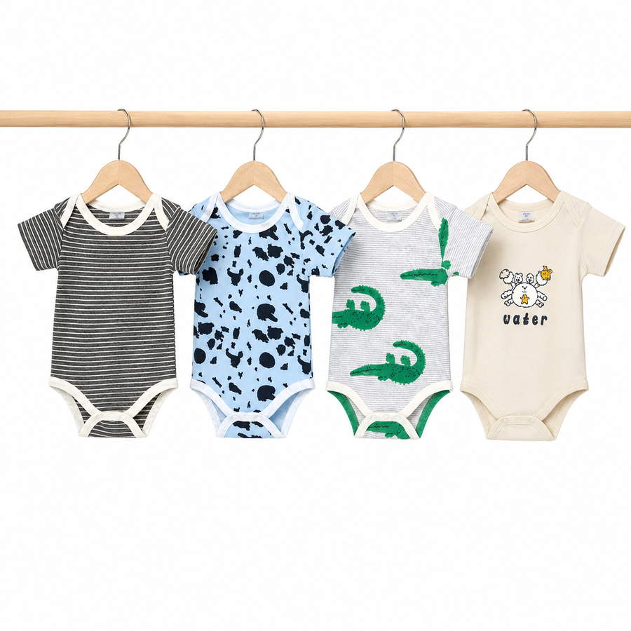Unisex Baby Bodysuits 4-Pack – Crab & Mixed Prints, 6–9M