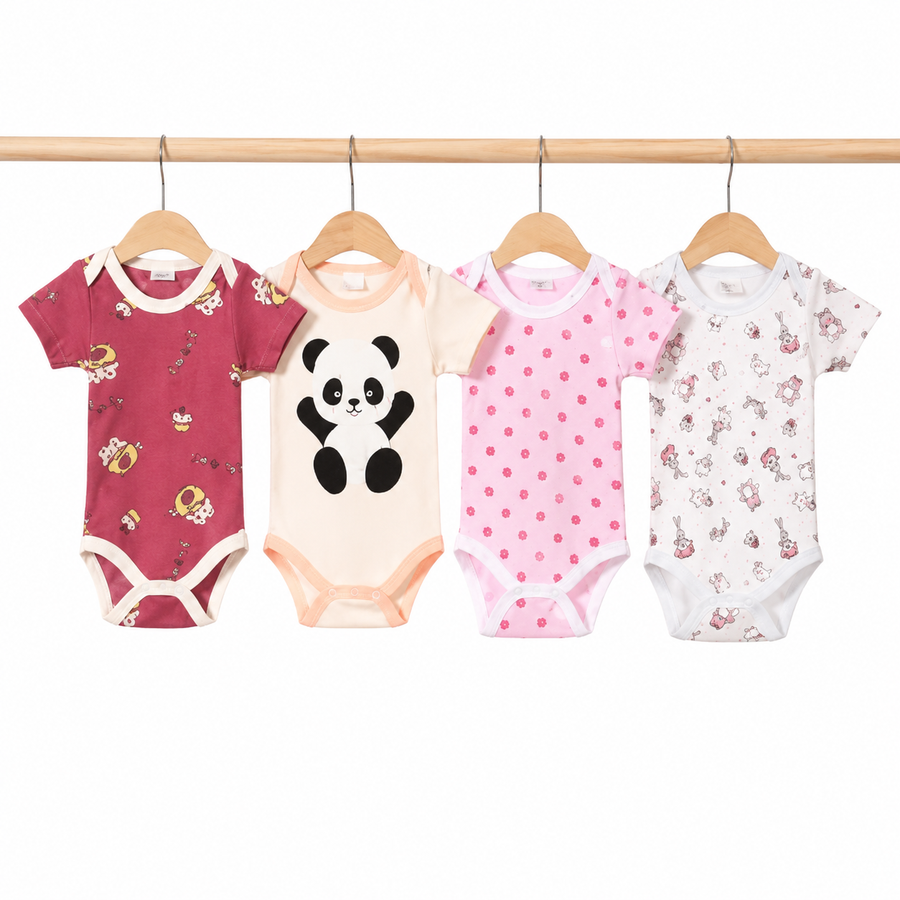 Unisex Baby Bodysuits 4-Pack – Panda & Mixed Prints, 3–6M