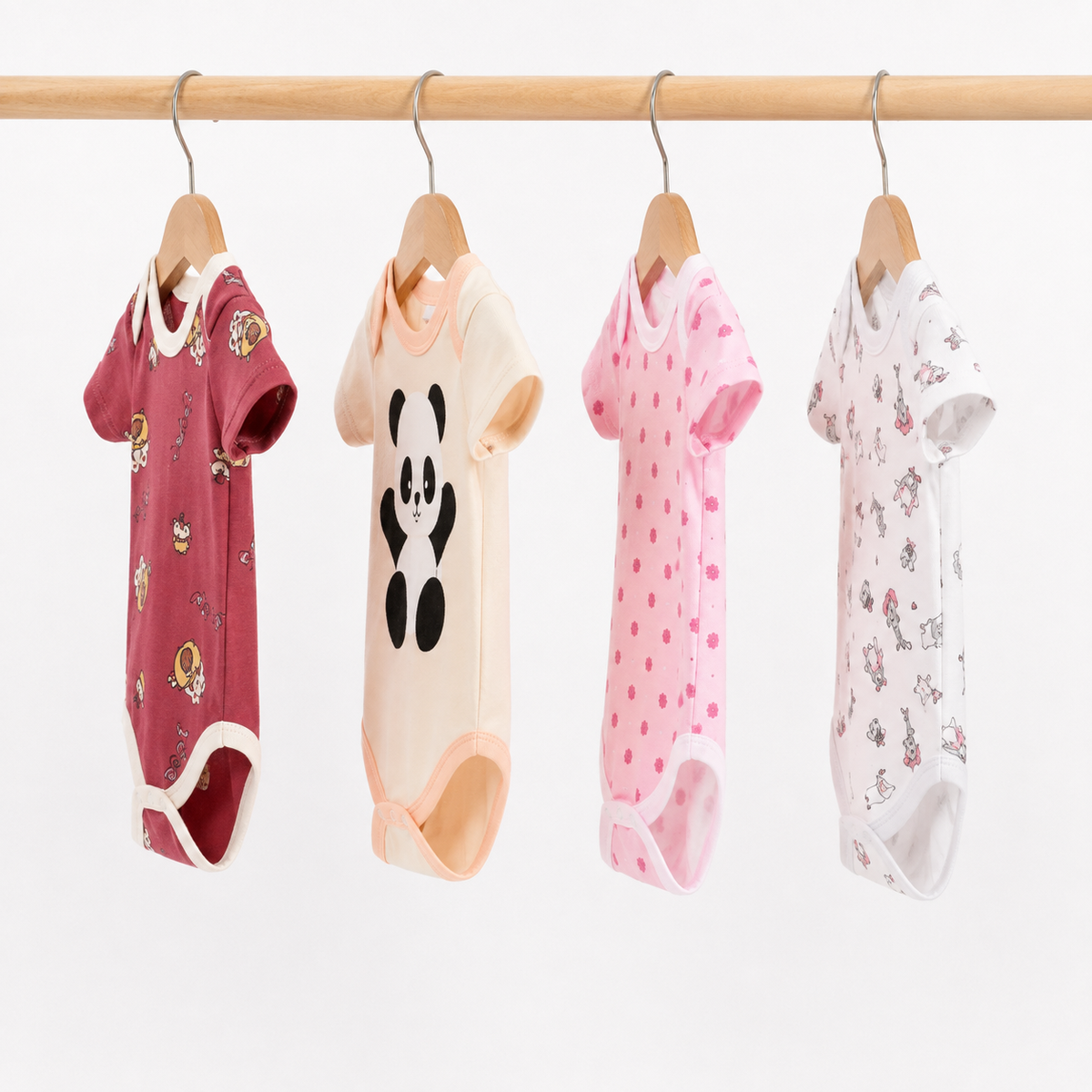 Unisex Baby Bodysuits 4-Pack – Panda & Mixed Prints, 3–6M