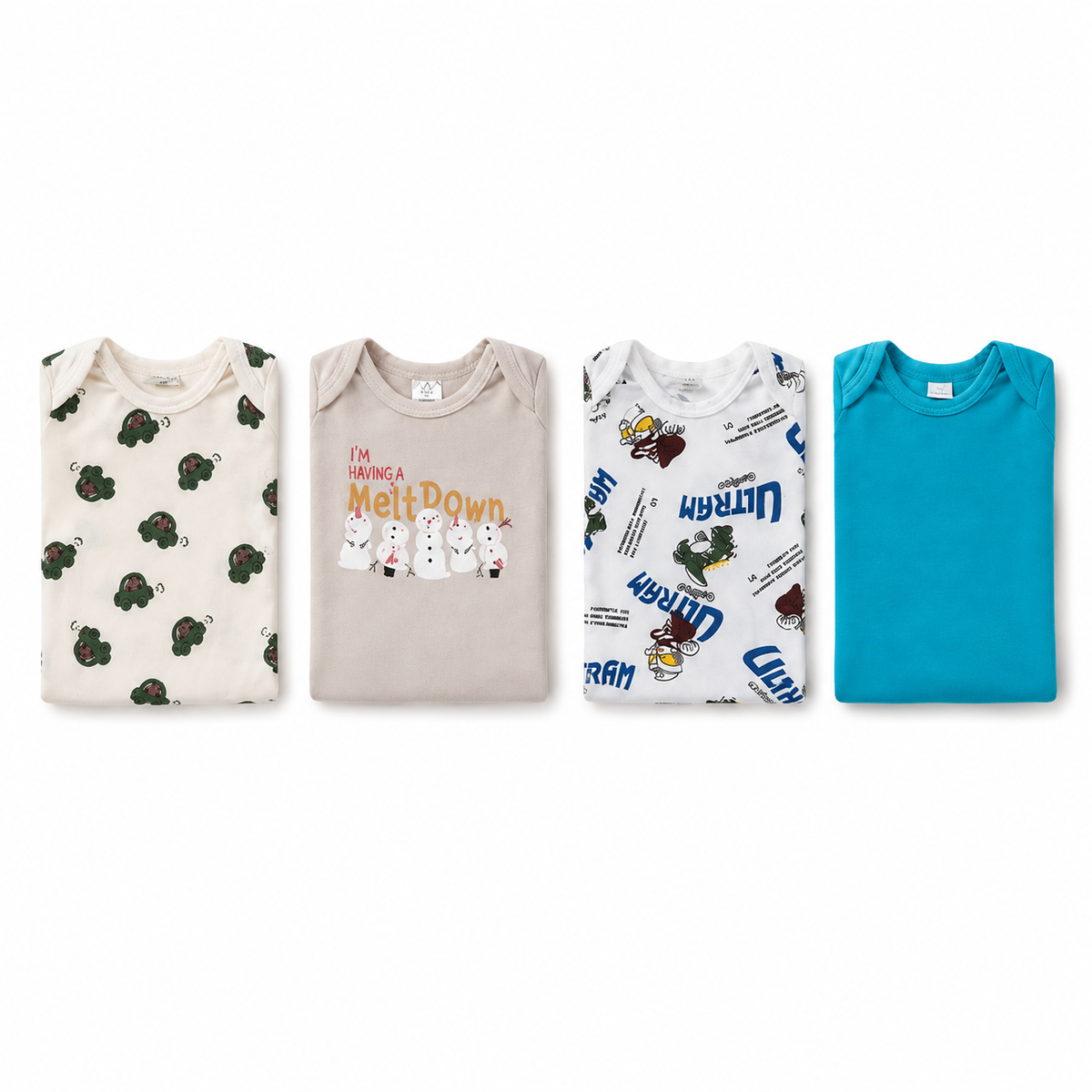 Unisex Baby Bodysuits 4-Pack – Snowman & Mixed Prints, 6–9M