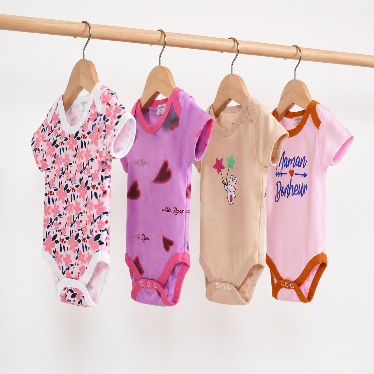 Unisex Baby Bodysuits 4-Pack – Pink Star & Mixed Prints, 3–6M
