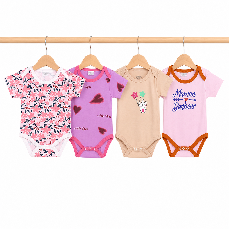 Unisex Baby Bodysuits 4-Pack – Pink Star & Mixed Prints, 3–6M