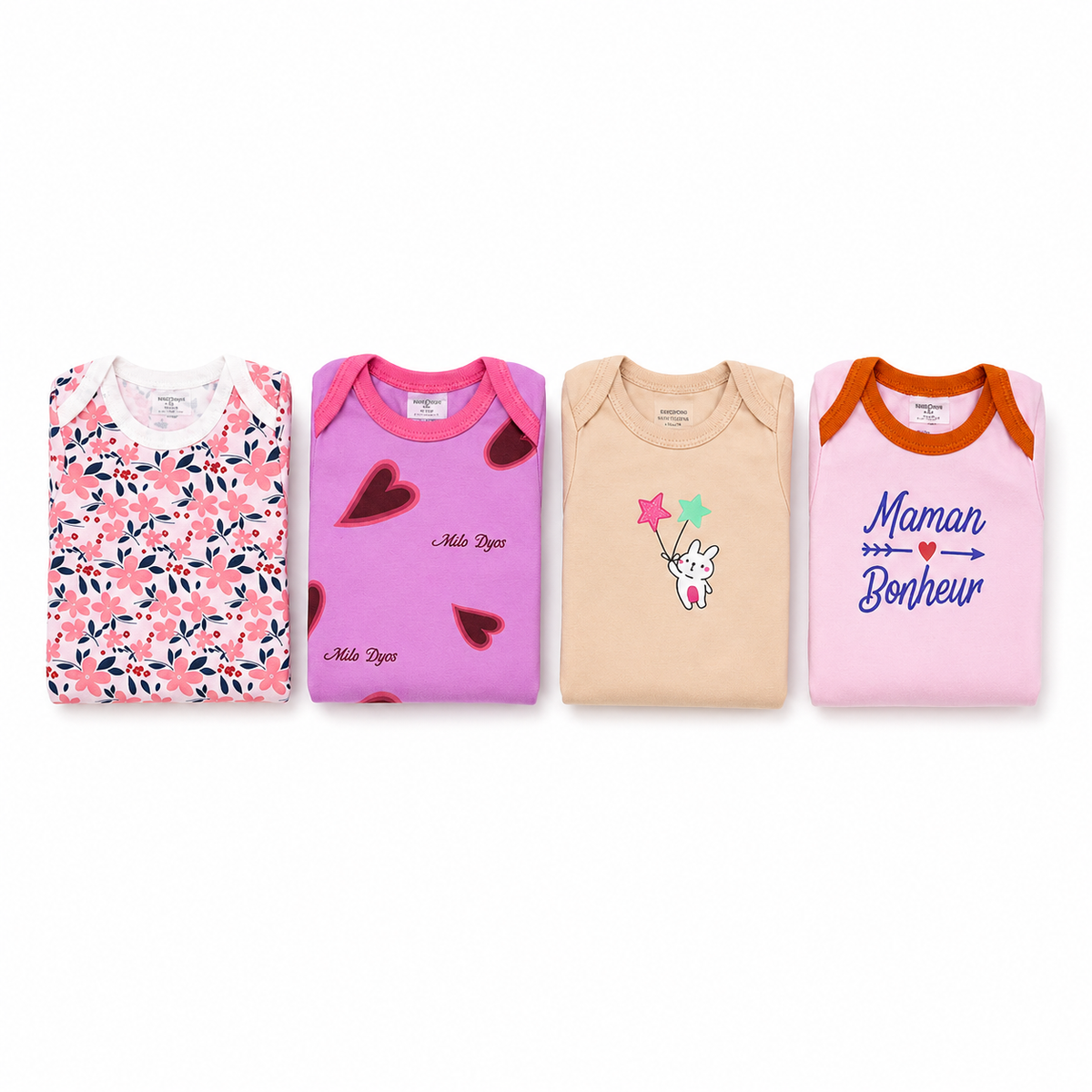 Unisex Baby Bodysuits 4-Pack – Pink Star & Mixed Prints, 3–6M