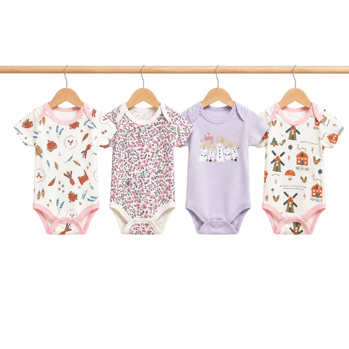 Unisex Baby Bodysuits 4-Pack – Vegetable & Mixed Prints, 0–3M