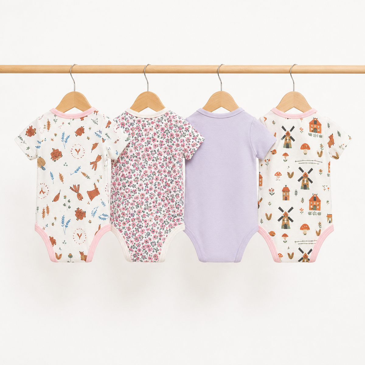 Unisex Baby Bodysuits 4-Pack – Vegetable & Mixed Prints, 0–3M