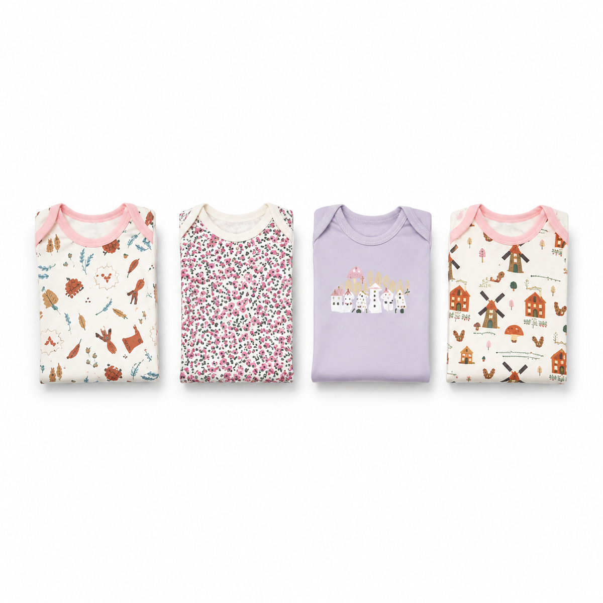 Unisex Baby Bodysuits 4-Pack – Vegetable & Mixed Prints, 0–3M
