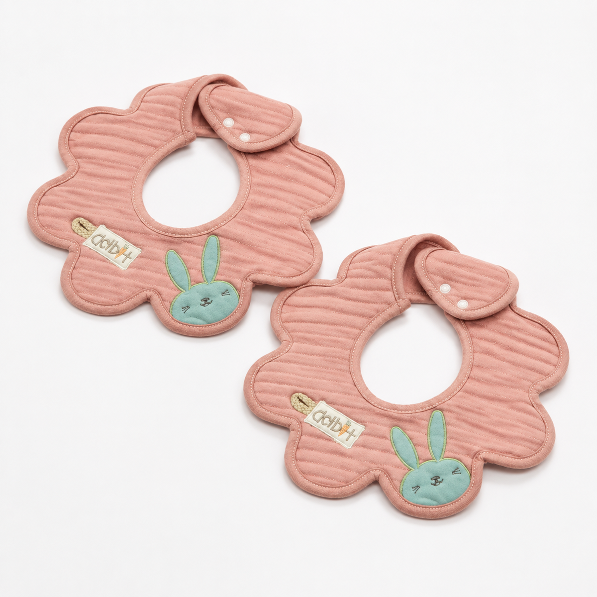 2 PACK BABY BUNNY APPLIQUE FLORAL BIB PEACH 360 DEGREE COVERAGE