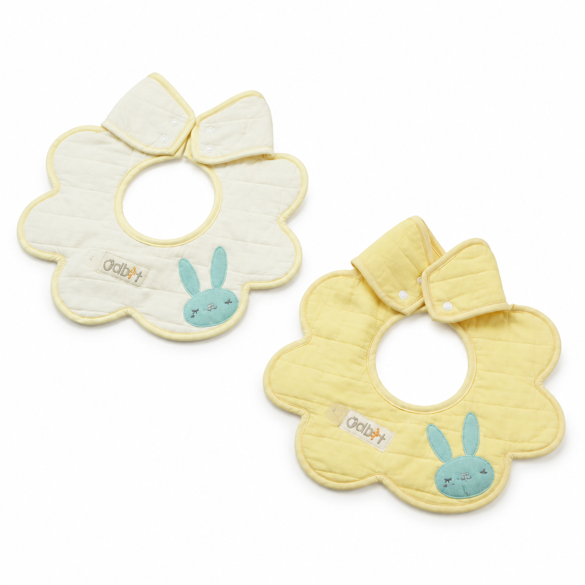 2 PACK BABY BUNNY APPLIQUE FLORAL BIB YELLOW 360 DEGREE COVERAGE