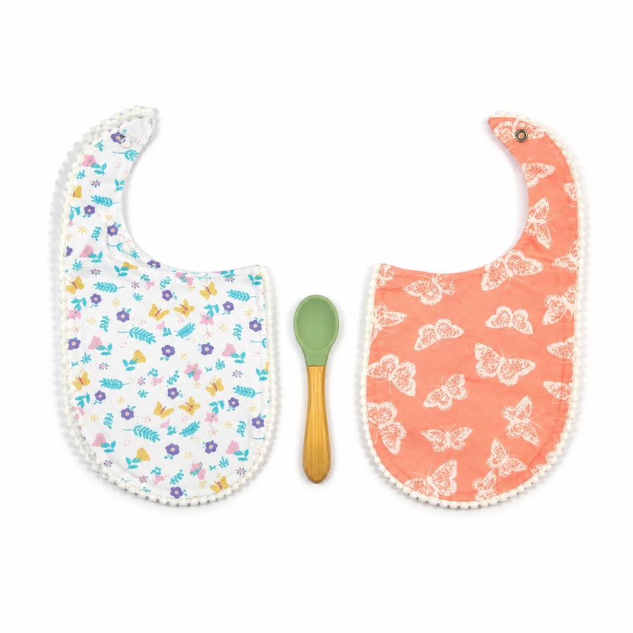 ALPACA PREMIUM 2 COTTON BIBS WITH SOFT SILICON SPOON BUTTERFLY PRINT