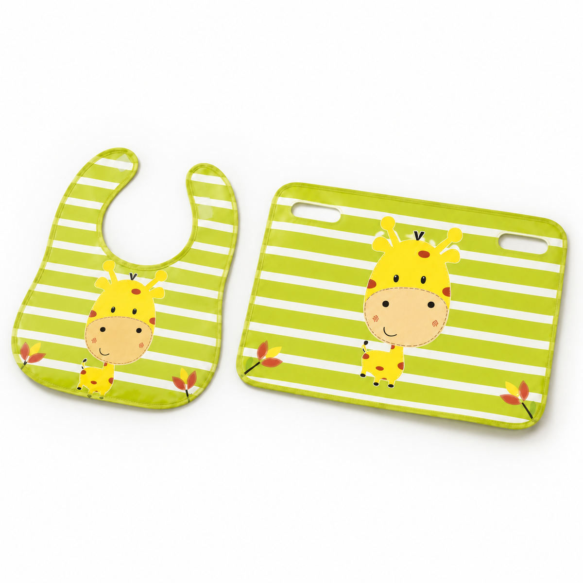 BABY BIB & MAT SET CUTE GIRAFFE PRINT GREEN (BPA FREE) NON TOXIC WATERPROOF