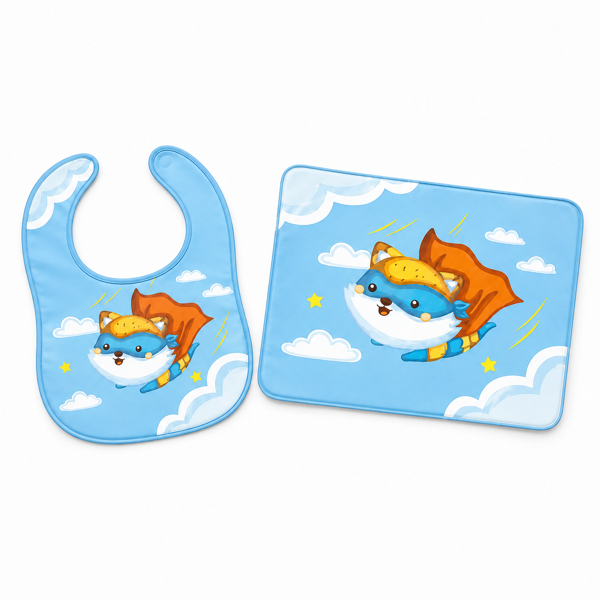 BABY BIB & MAT SET SUPER FOX PRINT SKY BLUE (BPA FREE) NON TOXIC WATERPROOF
