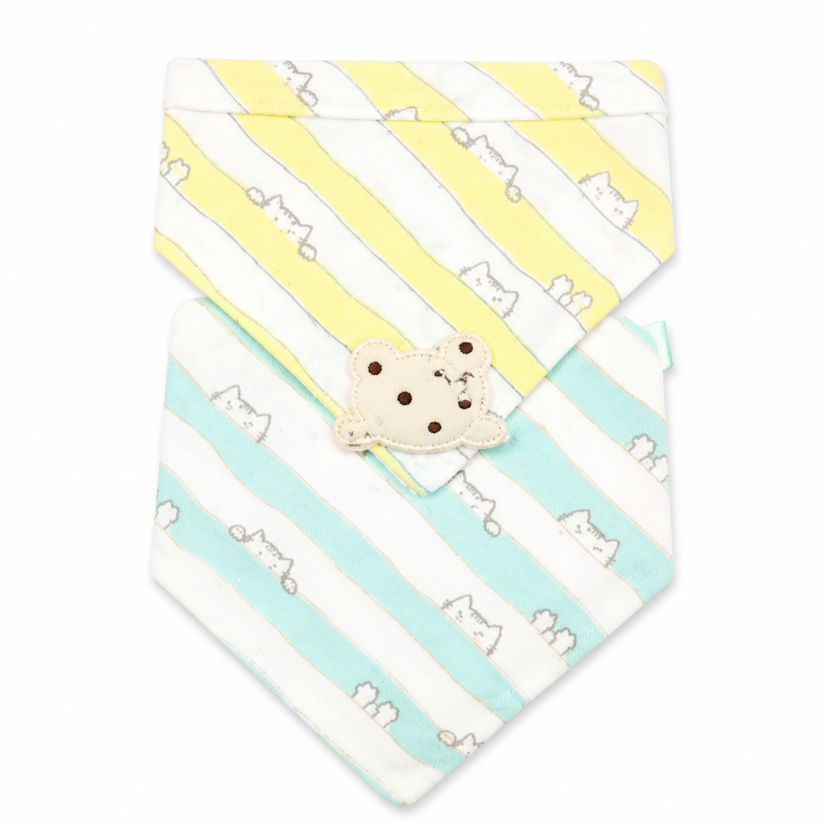 CUTE BEAR PATCH BABY TRIANGLE BIBS YELLOW & MINT STRIPED COTTON (PACK OF 2)