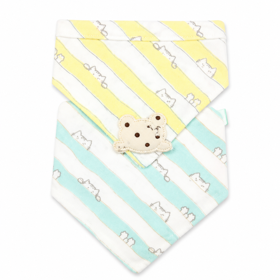 CUTE BEAR PATCH BABY TRIANGLE BIBS YELLOW & MINT STRIPED COTTON (PACK OF 2)