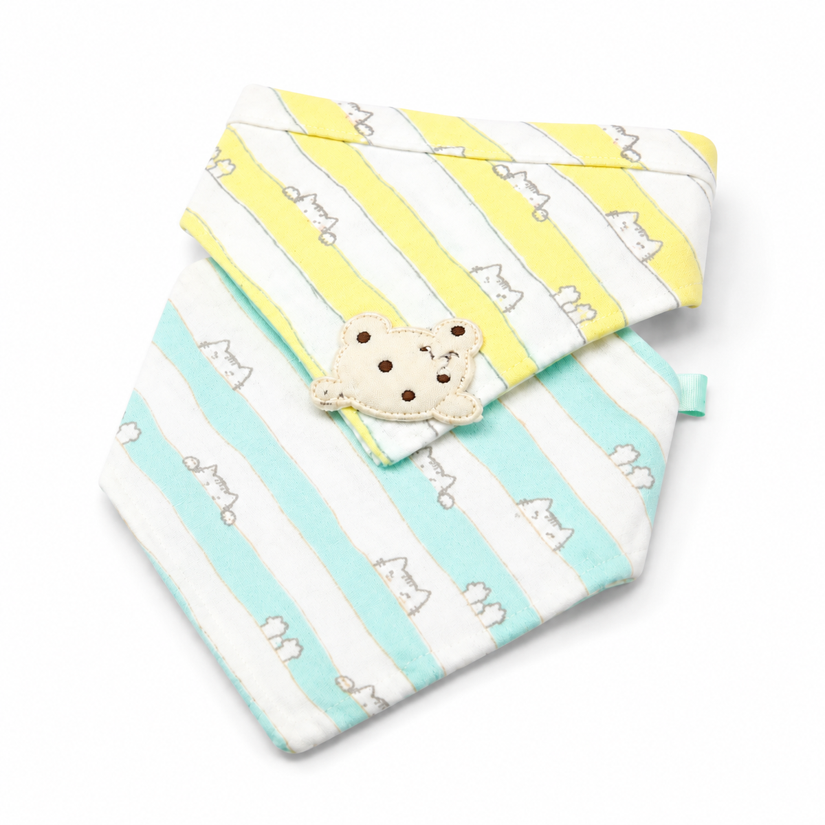CUTE BEAR PATCH BABY TRIANGLE BIBS YELLOW & MINT STRIPED COTTON (PACK OF 2)