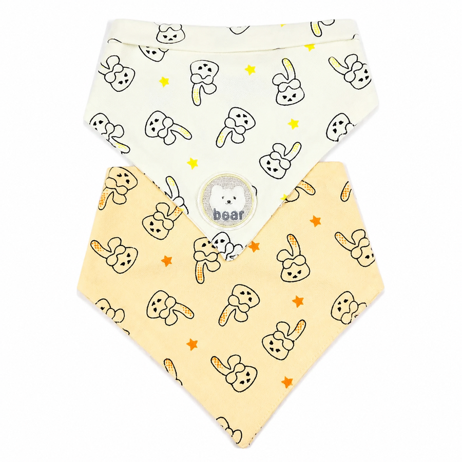 CUTE BEAR PATCH WITH BUNNY PRINT BABY TRIANGLE BIBS PINK & CREAM COTTON (PACK OF 2)