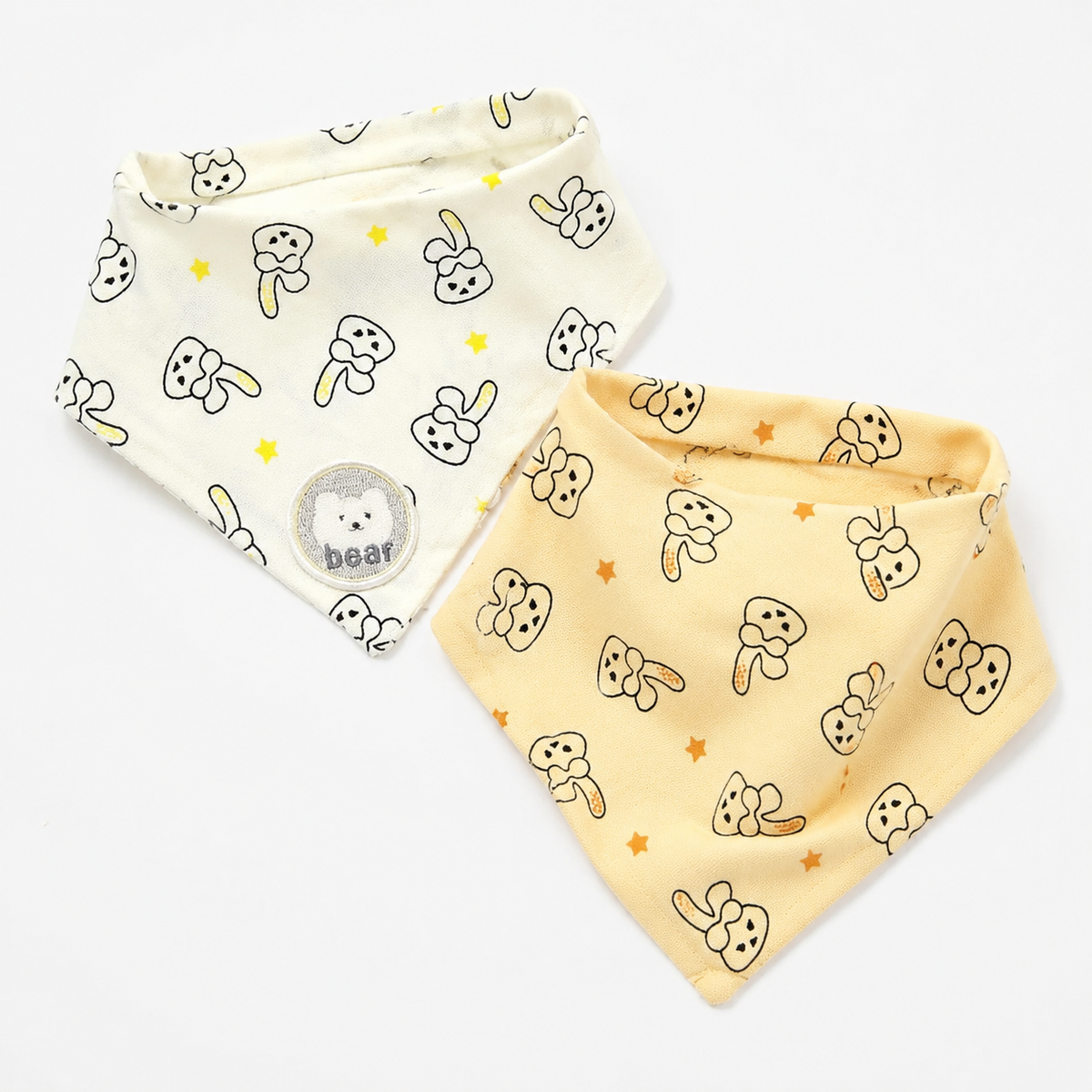 CUTE BEAR PATCH WITH BUNNY PRINT BABY TRIANGLE BIBS PINK & CREAM COTTON (PACK OF 2)