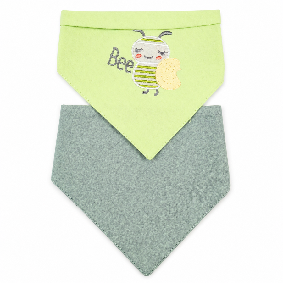 CUTE BEE EMBROIDERY BABY TRIANGLE BIBS GREEN & MINT COTTON (PACK OF 2)